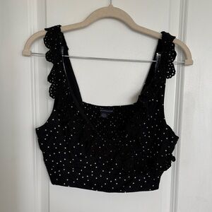 American Eagle Outfitters Black Polka Dot Cropped Tank with Eyelet Trim
